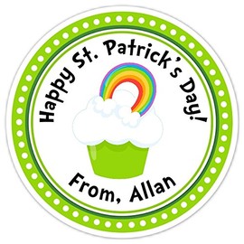 Happy St Patrick's Day Stickers, Cute Cupcake with Rainbow Labels (2 inch round, 40 count)