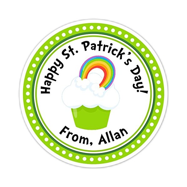Happy St Patrick's Day Stickers, Cute Cupcake with Rainbow Labels