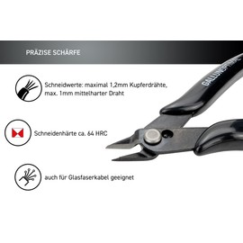 GALLUNOPTIMAL Set of 2 Electronic Side Cutters Mini Side Cutters with Extra Slim Head 21° Angled Blade without Bevel Including Opening and Wire Retaining Spring 130 mm
