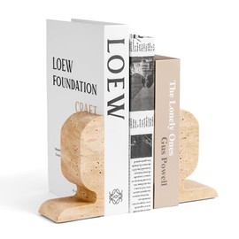 WORHE Travertine Bookends Decorative, Marble Decorative Bookends for Shelves, Heavy-Duty Stone Book Ends for Hardback Book & Cookbooks, Unique Book Stopper & Holder Set of 2 Beige (WH090)