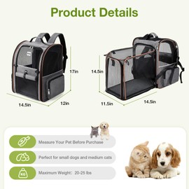 Lekebobor Large Cat Backpack Carrier Expandable Pet Carrier Backpack for Small Dogs Medium Cats Fit Up to 18 Lbs, Dog Backpack Carrier, Foldable Puppy Backpack Carrier for Travel, Hiking,Grey | Lekebobor