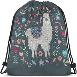 Beabes Llama Drawstring Bags Backpack Bag Cute Llama Cartoon Animal Alpaca Little Floral Hand Drawing Boho Design Sport Gym Sack Drawstring Bag String Bag Yoga Bag for Men Women