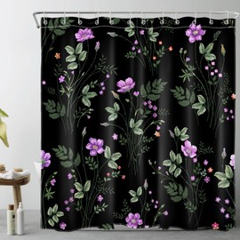LB Rustic Wildflower Shower Curtain Green Purple Flower Botanical Print on Black Background Bathroom Decor Nature Plant Bathroom Shower Curtain with Hooks Polyester Fabric 72Lx72W Inch