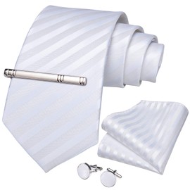 DiBanGu Men’s Plain Silk Necktie, Formal Necktie + Handkerchief + Cufflinks Set, For Business, Weddings - wht