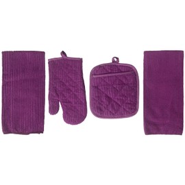 Set of 4, 100% Polyester 1 Kitchen Towel, 1 Dishcloth, 1 Potholder, 1 Oven mitt Kitchen Linen Set for Kitchen Décor for Cooking, Baking, Barbecue (Purple)