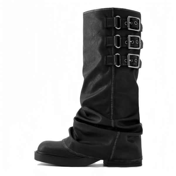 CAGLGLZ Slouchy Fold Over Motorcycle Riding Boots With Buckle Women's