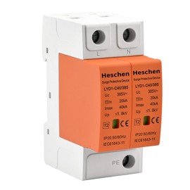 Heschen Surge Protector, LYD1-C40/385, 2P 385V 20KA, Flame Retardant, Low Voltage Arrester, 35mm DIN Rail Mount