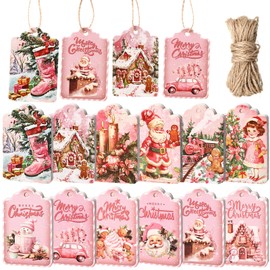 Fullhawl 120 Pcs Pink Vintage Christmas Paper Gift Tags with String Winter Gift Tags Hanging Paper Tags for Christmas Tree Winter Holiday Wish Labels