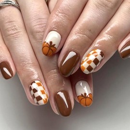 LWTZLW Fall Pumpkin French Tip Press on Nails Short Almond Thanksgiving Fake Nails with Autumn Lattice Design Glue on Nail Glossy Yellow Brown False Nails Reusable Acrylic Stick on Nail for Women
