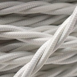 Art Deco Emporium PRE-CUT 1 Meter Length Vintage Styled British White Coloured Cloth Covered Braided Twist Flex - Electric Cable 3 Core; Electrical Wire 6Amp; Lighting Flex 0.75mm