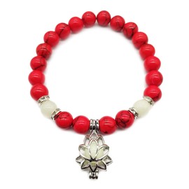 Luminous Glowing in The Dark Moon Lotus Flower Shaped Charm Bracelet for Women Natural Turquoise Stones Yoga Prayer Jewelry (Red Turquoise)