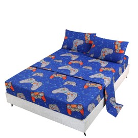 SDIII 4PCS Blue Gamer Sheets Set Queen, Soft Microfiber Gaming Bedding Sheet Queen Deep Pocket, Game Sheets for Boys Girls Kids Teens All Season