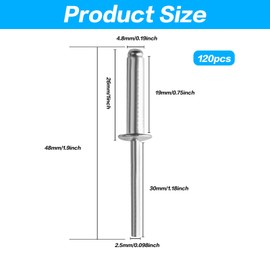 HexinYigjly Blind Rivets Set, 4.8 mm x 20 mm, Pop Rivets Assortment Set, Aluminium Blind Rivets with Large Flange, Silver Pop Rivets, Aluminium Rivets for Metal, Wood, Plastic Rivets, 20 mm