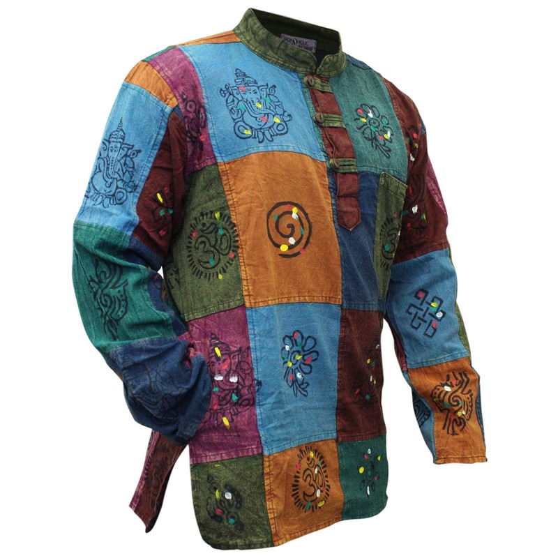 SHOPOHOLIC FASHION Men's Acid Washed Colourful Patchwork Hippie Grandad Shirt