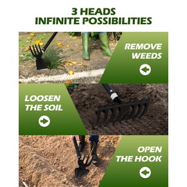 HIPULX 5-in-1 Garden Hoe - Adjustable 37" to 50" Handle, 5 Tool Heads, Heavy-Duty Weeding, Cultivating, and Raking Tool for Gardening, Camping, and Outdoor Use