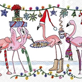 Boston International IHR 3-Ply Cocktail Napkins Decorative Christmas Napkin, 5" x 5" 20-Count, Winter Flamingo