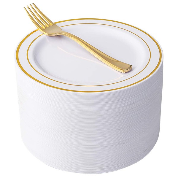 Nervure 102PCS Gold Plastic Plates & 102PCS Gold Plastic Forks - 7.5inch Disposable Gold Dessert Plates with Forks Perfect for Salads, Desserts, Parties, Catering, Wedding & Party