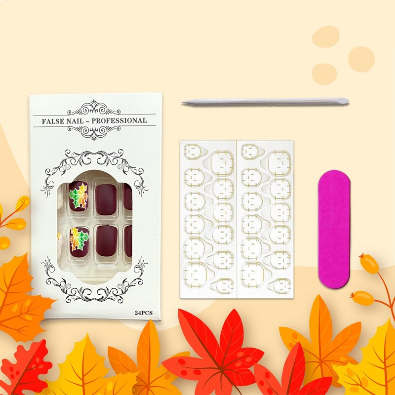 Vopintpy Fall Press on Nails Short Square Thanksgiving Fake Nails