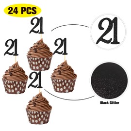 Sumerk 24PCS 21 Cupcake toppers Black Glitter 21th Birthday Cupcake Picks Anniversary Party Decorations
