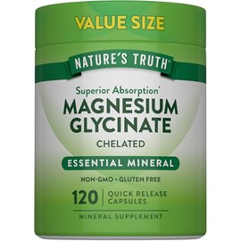 Natures Truth Glicinato de magnesio 200 mg, 120 cápsulas, magnesio quelado de alta absorción, suplemento mineral sin OGM ni gluten                    