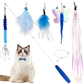 Cat Wand Toy for Indoor Cats 6PCS Fairy Feather Cat Toys with Retractable Fishing Pole Replaceable Feather Attachments Dragonfly Tassel Worm with Bells Cat String Kitten Toy Gift (Blue)