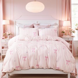 Cozaline Pink Duvet Cover Set Twin 100% Washed Cotton Linen Like Cute Bow Bedding Set 3 Pcs Ultra Soft Breathable Patterned Cartoon Comforter Cover for Boys Girls Teen