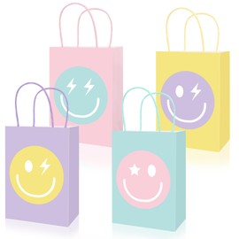 JarThenaAMCS 24Pcs Smile Face Paper Bags Pastel Preppy Treat Bags with Handles Candy Goodie Bags 4 Different Types Grocery Shopping Bags for Bachelorette Birthday Party Favors Supplies