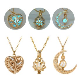 SIewee Fantasy Glow in the Dark Crescent Moon, Heart, and Flower Necklaces - Jewelry Charms Pendants for Women - Fairy, witches, Space Necklace (golden Sky blue)