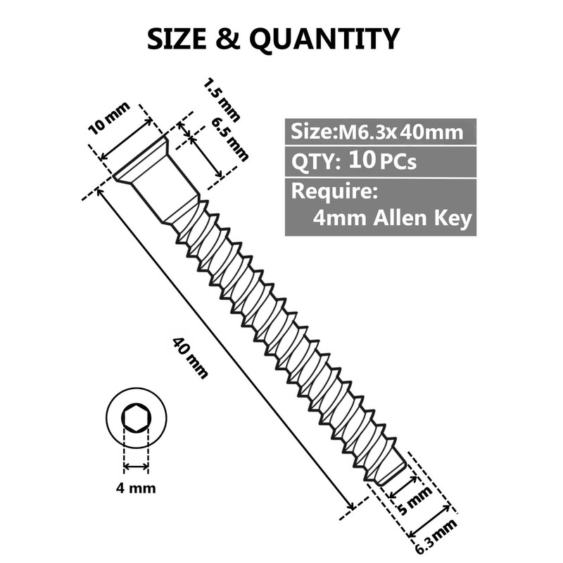 Confirmat Screws, 10 PCS M6.3 x 40mm, Hex Socket Drive