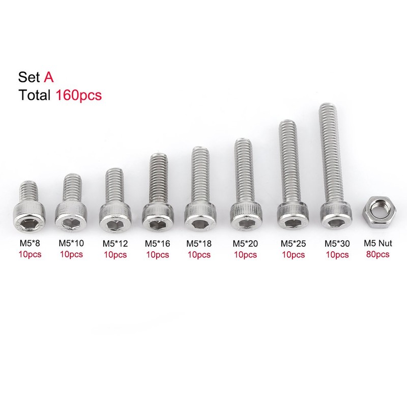 Bolts, 160pcs Stainless Steel SS304 Hex Socket M5 Screws Bolts