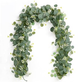 SOMYTING Artificial Garlands Eucalyptus with Willow Leaves Green Leaves White Flower Garland Artificial Plant Hanging Plant for Background Wedding Decoration Table Runner Centrepiece