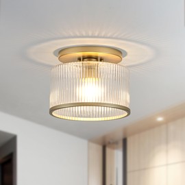 Zlepmlla Glass Ceiling Light, Clear Ribbed Glass Ceiling Light Fixture with Gold Metal Frame, Modern Semi Flush Mount Ceiling Light for Hallway,Entryway, Bedroom, Bathroom, Kitchen