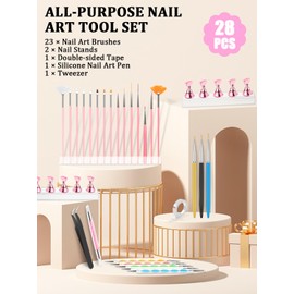 YOOVR Nail Art Tools Set, Nail Stand for Press on Holder for Painting Nails, Nail Art Brushes, Liner Brushes, Nail Dotting Tool, Must Haves Design Tools Supplies Kit for Nail Tech & Beginners (Pink)