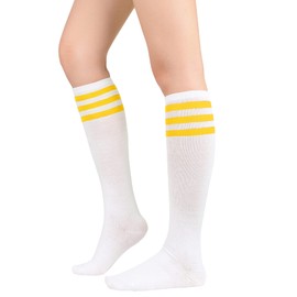 Zando Outdoor Athletic Socks for Women Soft Knee High Socks Tall Athletic Socks Stripes Tube Socks Extra Long Knee Socks Outdoor Boot Socks Elastic Knee High Stockings White Yellow One Size
