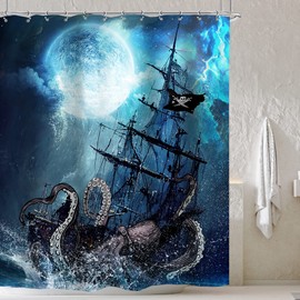 Cinbloo Octopus Pirate Ship Shower Curtain 72Wx72H Nautical Ocean Kraken Sea Waves Kids Boys Man Bathroom Curtain Set Vintage Sailboat Navy Moon Night Bath Curtain Fabric Bathroom Decor with 12 Hooks