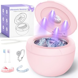 Ultrasonic Retainer Cleaner Machine 45khz Cleaning Pod for Denture Cleaner 200ml Mouth Guard, Aligner, Night Guard, Jewelry, 4 Cleaning Modes Digital Timer, Gifts for Women, Christmas Gifts, Pink