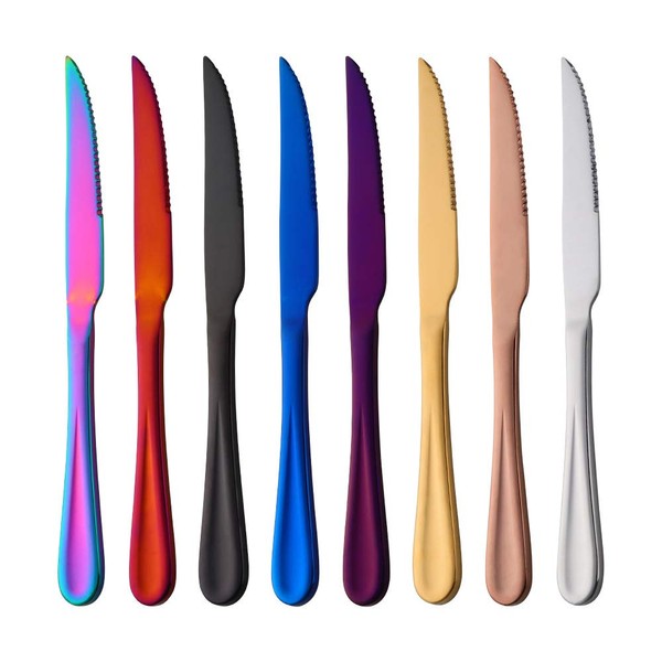 SBOMHS Table Knives Set of 8 Coloured Steak Knives Dinner Knives Set Stainless Steel