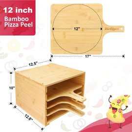 RICOJYCX Multilayer Bamboo Pizza Peel Rack, Contain 4 x 12 Inch Non-Stick Bamboo Pizza Boards, Pizza Paddle Stand for Easy Storage and Baking Multiple Pizzas and Bread