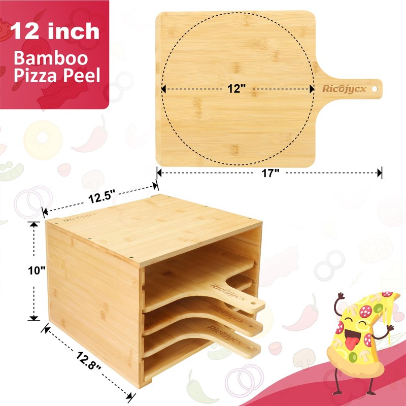 RICOJYCX Multilayer Bamboo Pizza Peel Rack, Contain 4 x 12