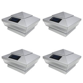 iGlow 4 Pack Silver Outdoor Garden 4 x 4 Solar 5-LED Post Deck Cap Square Fence Light Landscape Lamp Lawn PVC Vinyl Wood