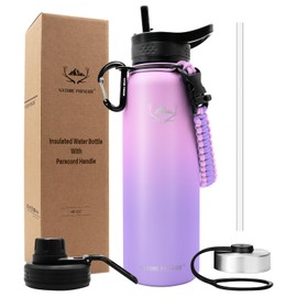NATURE PIONEOR Insulated Water Bottles with Paracord Handle - 40 oz Vacuum Sports Wide Mouth Water Bottle with 3 Lids, Leak Proof Stainless Steel Keeps Hot and Cold