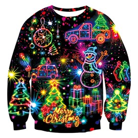 uideazone Men Ugly Christmas Sweater 3D Neon Firework Pullover Sweatshirts Graphic Long Sleeve Shirts