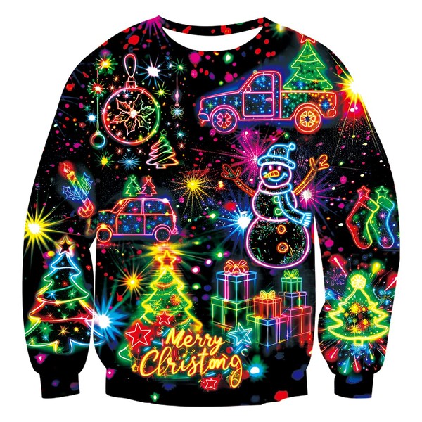 uideazone Men Ugly Christmas Sweater 3D Neon Firework Pullover Sweatshirts