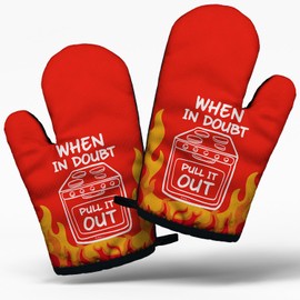 Funny Red Women Men Cooking and Baking BBQ Kitchen Gadgets with Heat Resistant Silicone Non-Slip, When in Doubt Pull It Out Oven Mitts Set of 2, Gifts for Bake Lover Bakers Family Dad Wife BBF Aunt