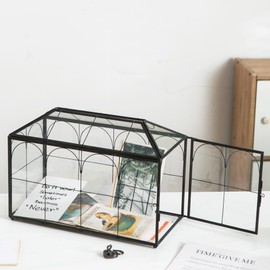 Sanllusit Wedding Card Box with Slot, 12.6'' Large Glass Card Boxes for Reception, Black Geometric Holder, Clear Decorative Storage Box with Lock for Baby Shower, Birthday Party, Christmas