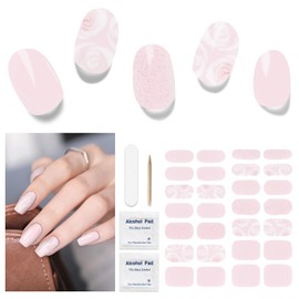 DUKASOU Semi Cured Gel Nail Strips, 28 pcs Gel Nail Stickers Full Nail Wraps, Work with Any UV Lamp, Salon-Quality, Long Lasting, Includes Prep Pads, Nail File & Wood Stick (Pink Rose)