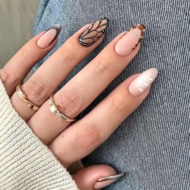LWTZLW Leopard French Tip Press on Nails Medium Almond False Nails Butterfly Gradient Design Full Cover Glue on Nail Reusable Acrylic Fake Nails Glossy Artificial Stick on Nail for Women