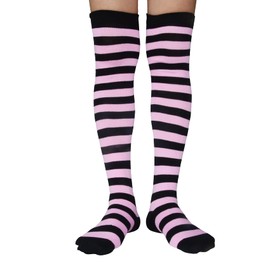 spomei Womens Thigh High Socks Striped Winter, Cotton Warm Over Knee Stockings Extra Long Leg Warmer for Cosplay & Goth LW-3, Black and Pink Striped, One Size Petite
