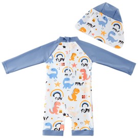 Infant Boy UPF 50+ Sun Protection One Piece Rashguard Swimsuit with Hat ， Grey Dinosaur,0-3 Months
