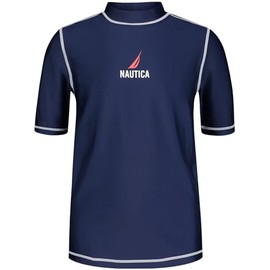 NAUTICA Boys' Short Sleeve Swim Rashguard with UPF 50+ Sun Protection, J Navy/Red Logo, 4